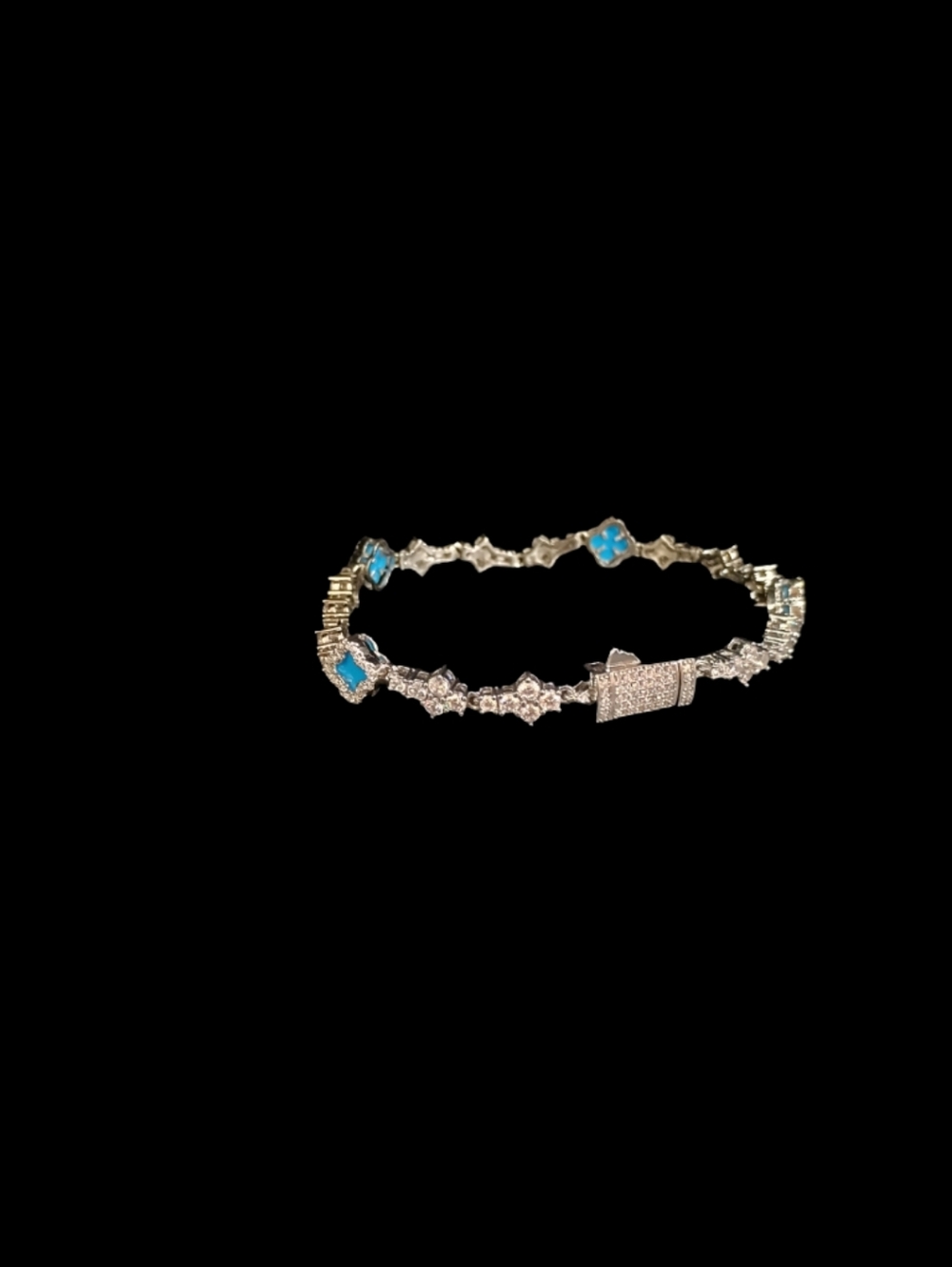 Iced Out Silver Tone Tennis Bracelet Blue Stone Clover Style Bling ✨ - Picture 3 of 5